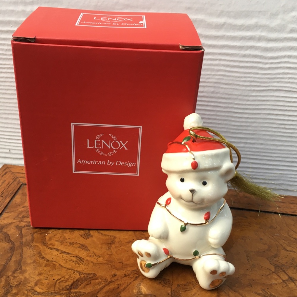 Lenox Holiday Bear Ornament - Porcelain Tangled Christmas Bear Red and White